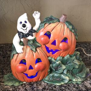 VTG 90’s Halloween Light UP Lamp Ceramic Ghost Pumpkins JOL Large 14” X 11”